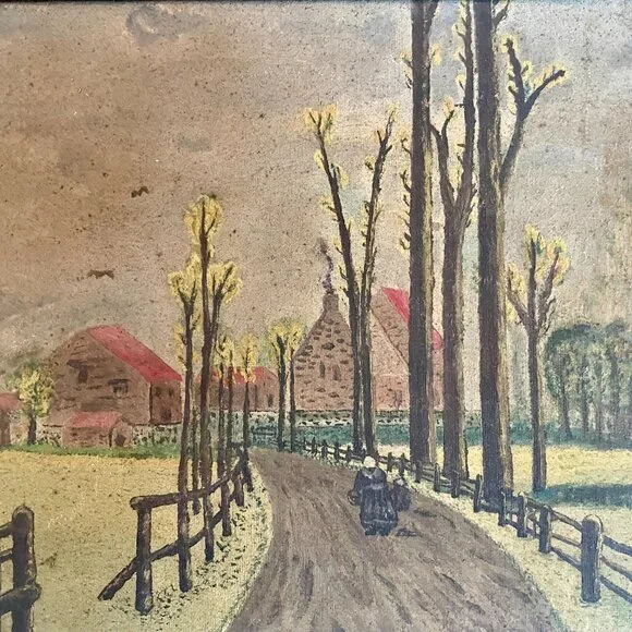 Antique Oil Painting Village Road Framed